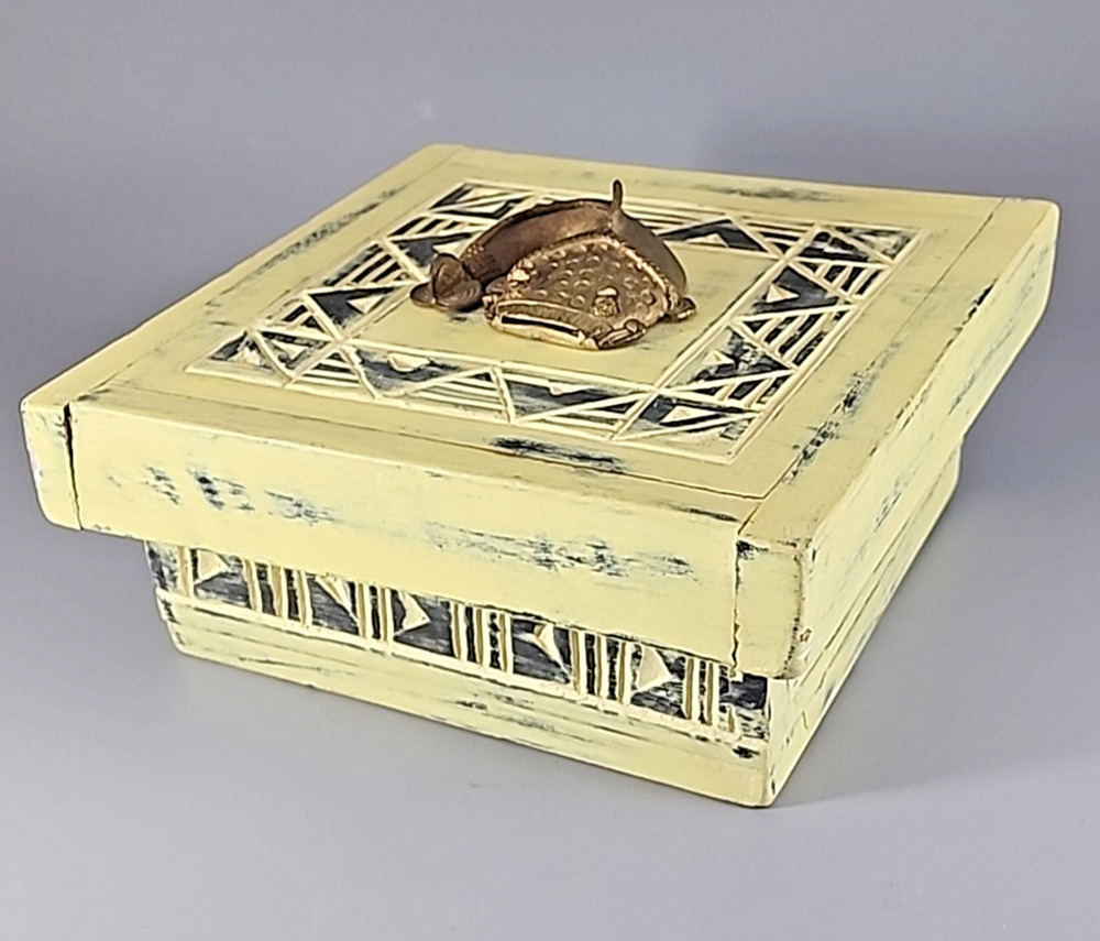 Hand Carved Yellow Wooden Trinket, Jewelry Box w/Brass Fish - Ghana 7"x7"x3"